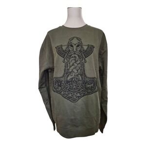 Threat Llama Mjölnir Viking Norse Thor's Hammer Graphic Sweatshirt Green Size M